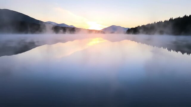 Serene mountain lake at sunrise with mist and reflection a peaceful landscape showcasing nature s beauty perfect for travel wellness or inspirational backgrounds
