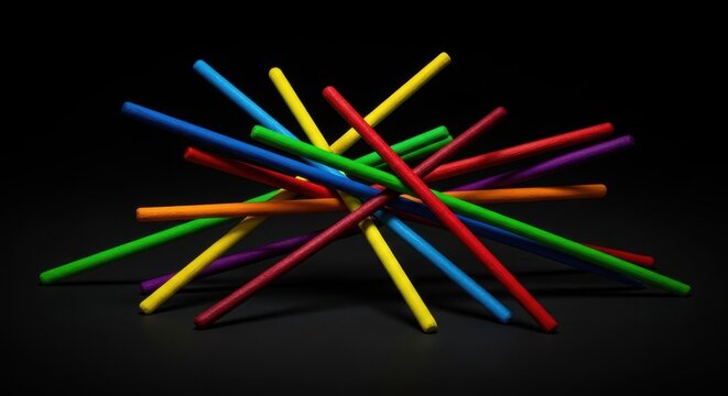Colorful Mikado Sticks in a Pile on Black Background.