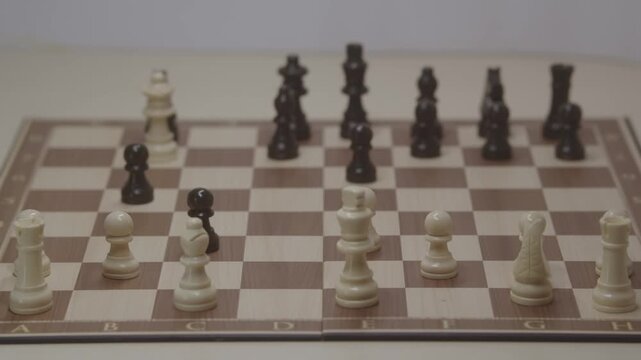 A cinematic shot of a chess game for White, depicting the queen capturing a pawn on b7. The concept of bold strategy and surprise in a chess game.