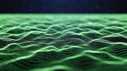 Abstract Green Digital Waveform Landscape with Particles.