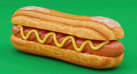 Gourmet Hot Dog with Mustard and Glaze on Green Background