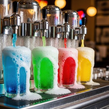 Colorful Soda Fountain Drinks Overflowing on a Bar Counter.
