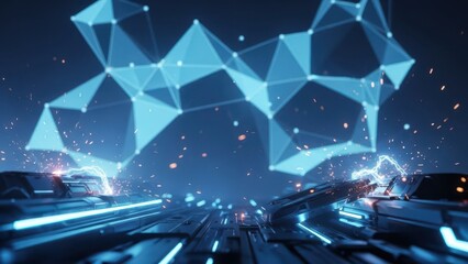A dark technology scene with a futuristic background of glowing blue polygon shapes.