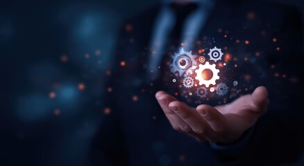 Businessman hand holding illuminated gear icons, representing business process optimization, innovation, and technological development
