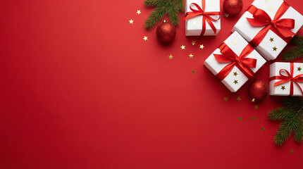 Top view photo of red christmas tree balls pine branches white gift boxes with ribbon bows and golden confetti on isolated red background with copyspace