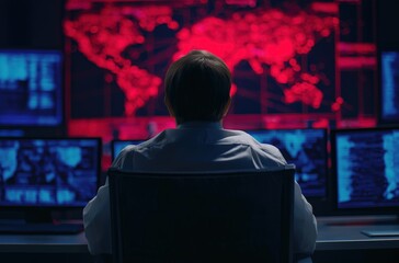 Back view of a person watching a red world map on a large screen, monitoring global cybersecurity threats and data