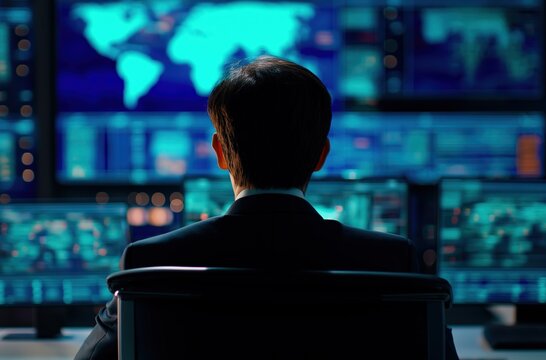 Information technology specialist observing multiple screens with world map and data, performing global network security monitoring - Powered by Adobe