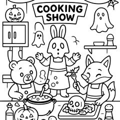 Fototapeta premium Halloween Cooking Show: A spooky cooking show featuring a rabbit, fox, and bear preparing a Halloween feast. The scene is filled with traditional Halloween imagery.