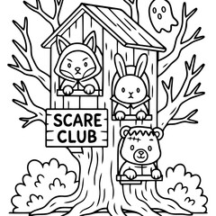 Fototapeta premium Spooky treehouse : In the eerie embrace of a gnarled tree, a cartoonish treehouse emerges as the haunting headquarters of the Scare Club, where a playful ghost flits.