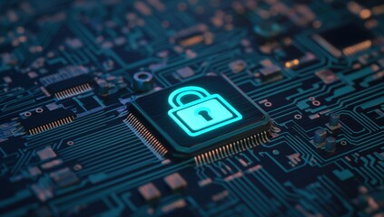 Glowing padlock icon on a computer chip illustrating data security, protection, and privacy in digital technology