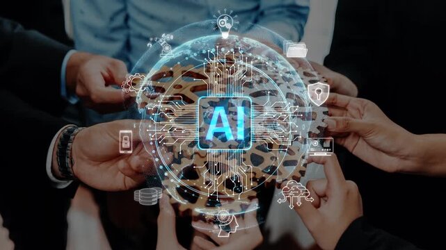 A vibrant illustration showing diverse hands coming together around a globe with an AI symbol. This image embodies collaboration, technology, and the spirit of innovation in business. Raster