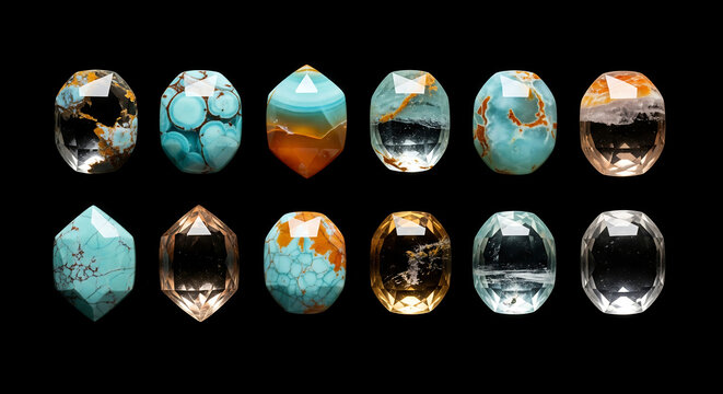 Collection of polished and faceted gemstones, showcasing vibrant turquoise and warm citrine hues against a black backdrop.