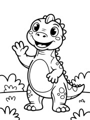 Obraz premium Friendly Dinosaur: A charming illustration depicts a cheerful dinosaur, waving a friendly greeting. The creature has a smiling expression, bringing joy to anyone who see it. 