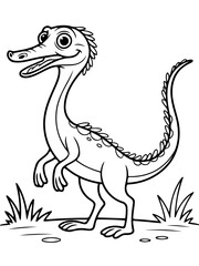 Cute Cartoon Dinosaur: A friendly dinosaur stands in a grassy area, perfect for children’s education. Featuring a fun, simplified style. © CrazyJuke