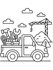 Construction Site Illustration: A detailed line art illustration of a construction site featuring a truck loaded with tools, a towering crane, and warning signs.