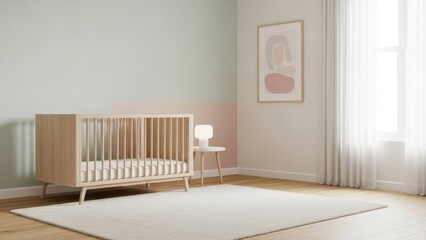 A minimalist nursery room, pastel colors, soft rug, wooden crib