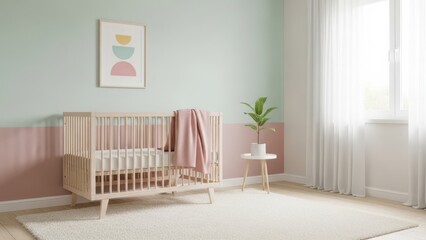A minimalist nursery room, pastel colors, soft rug, wooden crib