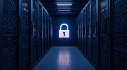 Data center corridor with server racks and a glowing padlock icon representing cybersecurity and data protection