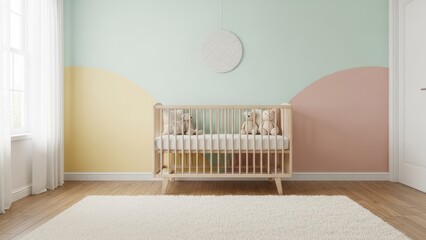 A minimalist nursery room, pastel colors, soft rug, wooden crib