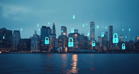 City skyline with floating padlocks representing digital security, data protection, and network safety in an urban environment