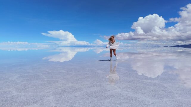 A woman running across the expansive Salar de Uyuni salt flats in Bolivia, capturing the serene beauty of the landscape - More