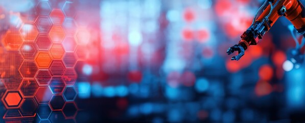 Robot arm operating in a futuristic smart factory, highlighting AI integration and automated processes with glowing hexagon interface