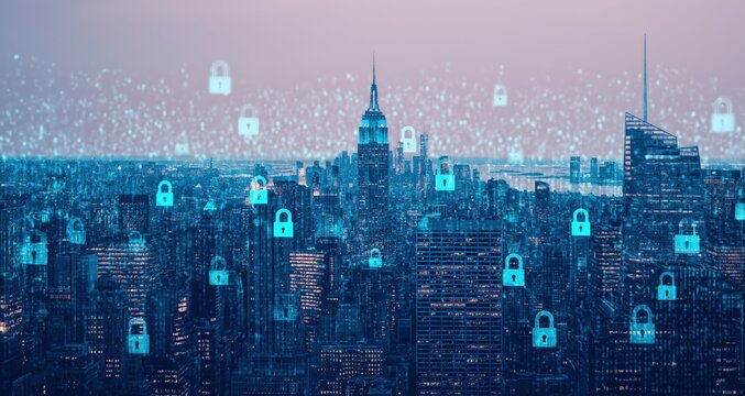 New York City buildings with a digital overlay of glowing padlocks representing data protection and network safety - Powered by Adobe