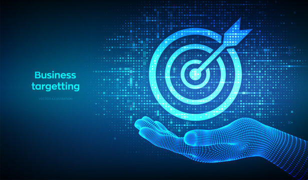 Business targeting icon made with currency symbols in hand. Planning development leadership. Customer Relation Management. Dollar, euro, yen and pound icons. Background with currency signs. Vector.