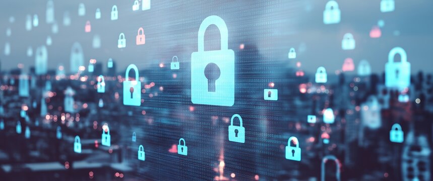 Digital padlock icons floating over a glowing city skyline representing cyber security, data protection, and network privacy - Powered by Adobe