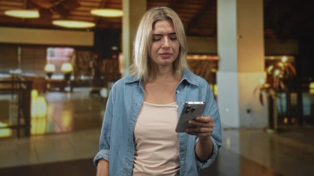 Woman frowning while holding smartphone and checking messages in building lobby with lamps and seating; frustration communication.