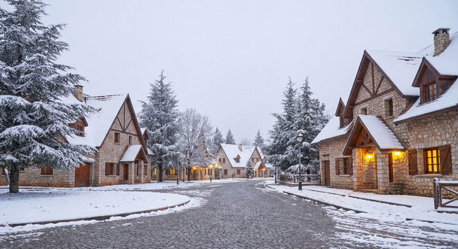 Ifrane city in Morocco covered with white snow during winter, European-style houses with sloped roofs blanketed in snow, cedar and pine trees coated with frost, clean and quiet streets, pale winter sk