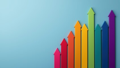 Colorful 3D arrows rising on a blue background, representing business growth, progress, financial increase, and development