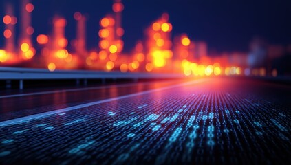 Binary code representing data streaming on a road with city lights in bokeh, visualizing global communication network and technology