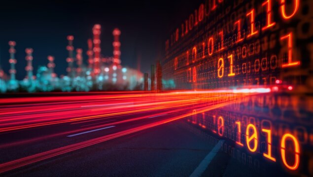 Binary code stream transforming into light trails over a blurred industrial facility, representing fast data exchange and technology - Powered by Adobe