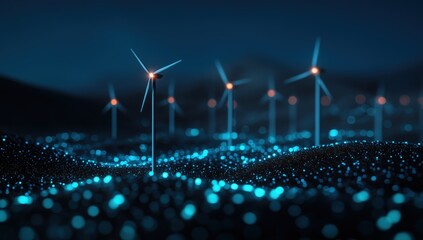 Wind turbines generating clean electricity in a dark, futuristic landscape glowing with digital particles, symbolizing renewable energy and technology