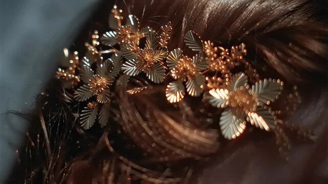 Hair accessory crafted from gold-toned metal leaves and flowers sits neatly within a styled brunette updo.