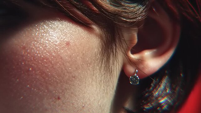 Earring with a small sparkling stone hangs from an earlobe in a close-up portrait.