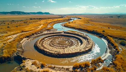 Aerial view of circular water reservoir with cracked earth and winding river