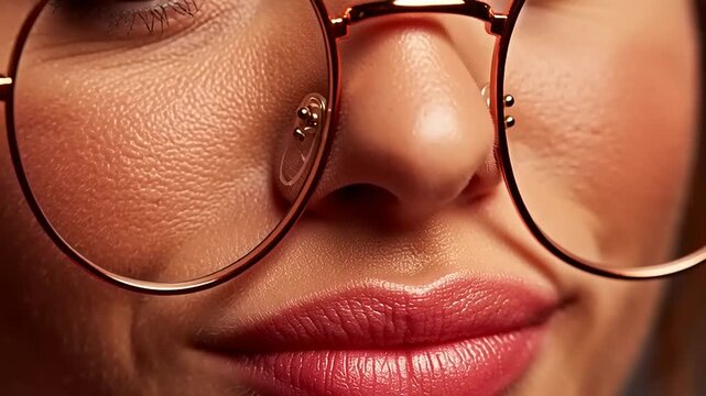 Woman wearing gold-rimmed glasses focuses on her facial features in this detailed close-up shot.