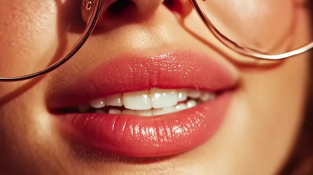 Woman wearing stylish round glasses reveals a bright smile and perfectly applied glossy pink lipstick.
