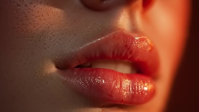 Lips slightly parted with a glossy finish are captured in a dramatic warm light to emphasize the texture and natural beauty of the skin.