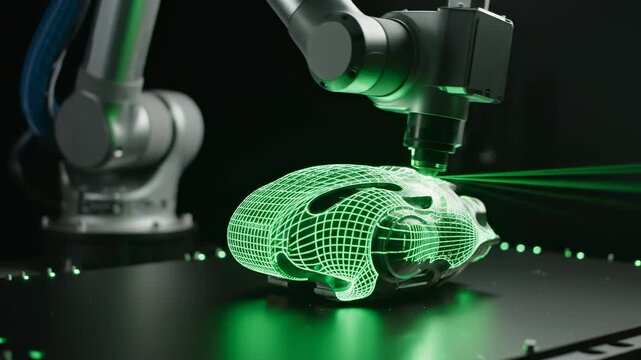 Advanced Robotic Arm Scanning 3D Object with Green Laser Grid.
