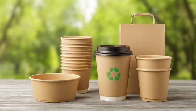 Eco-friendly disposable tableware and takeaway bag on a wooden table with blurred green nature background, promoting recycling