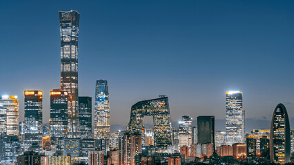 High-angle night view of the bustling CBD buildings in Beijing, China
