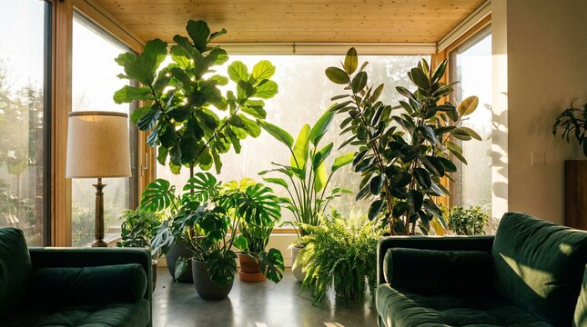 Cozy Indoor Plant Oasis with Green Sofas and Large Windows in Modern Home Decor with Natural Light