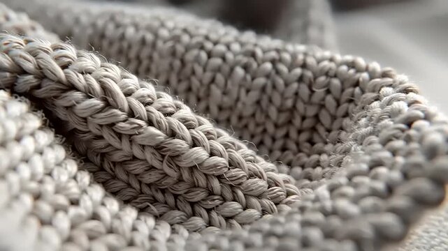 Knitted fabric with a soft grey texture shows intricate loops and wool fibers in a close-up composition.