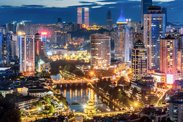 Obraz premium High angle night view of Jiaxiu Tower and city skyline in Guiyang, Guizhou Province, China