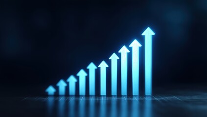 Blue increasing arrows showing upward trend and development in financial markets, investment growth, and abstract improvement concept