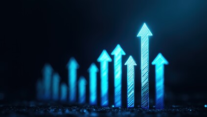 Blue neon arrows progressively increasing, showing a concept of financial progress, data analysis, and improvement