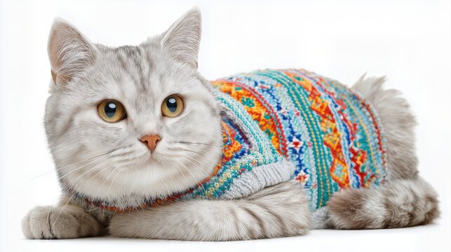 Cute gray cat wearing colorful knitted sweater, lying on white background.